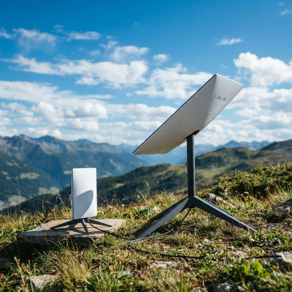 Kit Starlink installé en extérieur sous un ciel bleu